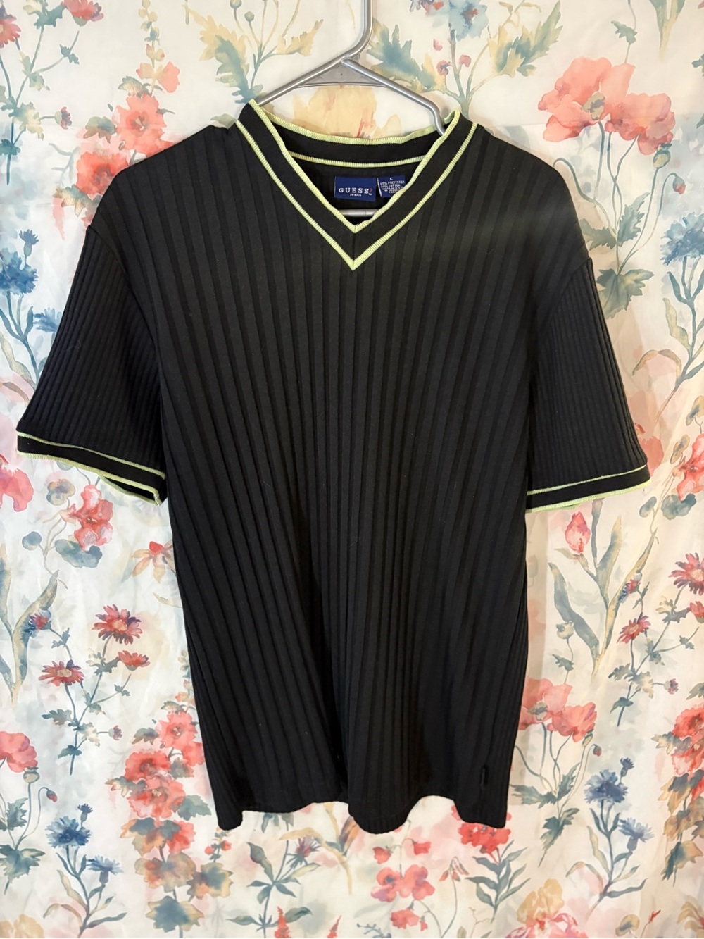Vintage Guess Ribbed V-Neck Short Sleeve Sweater - Black with Lime Trim